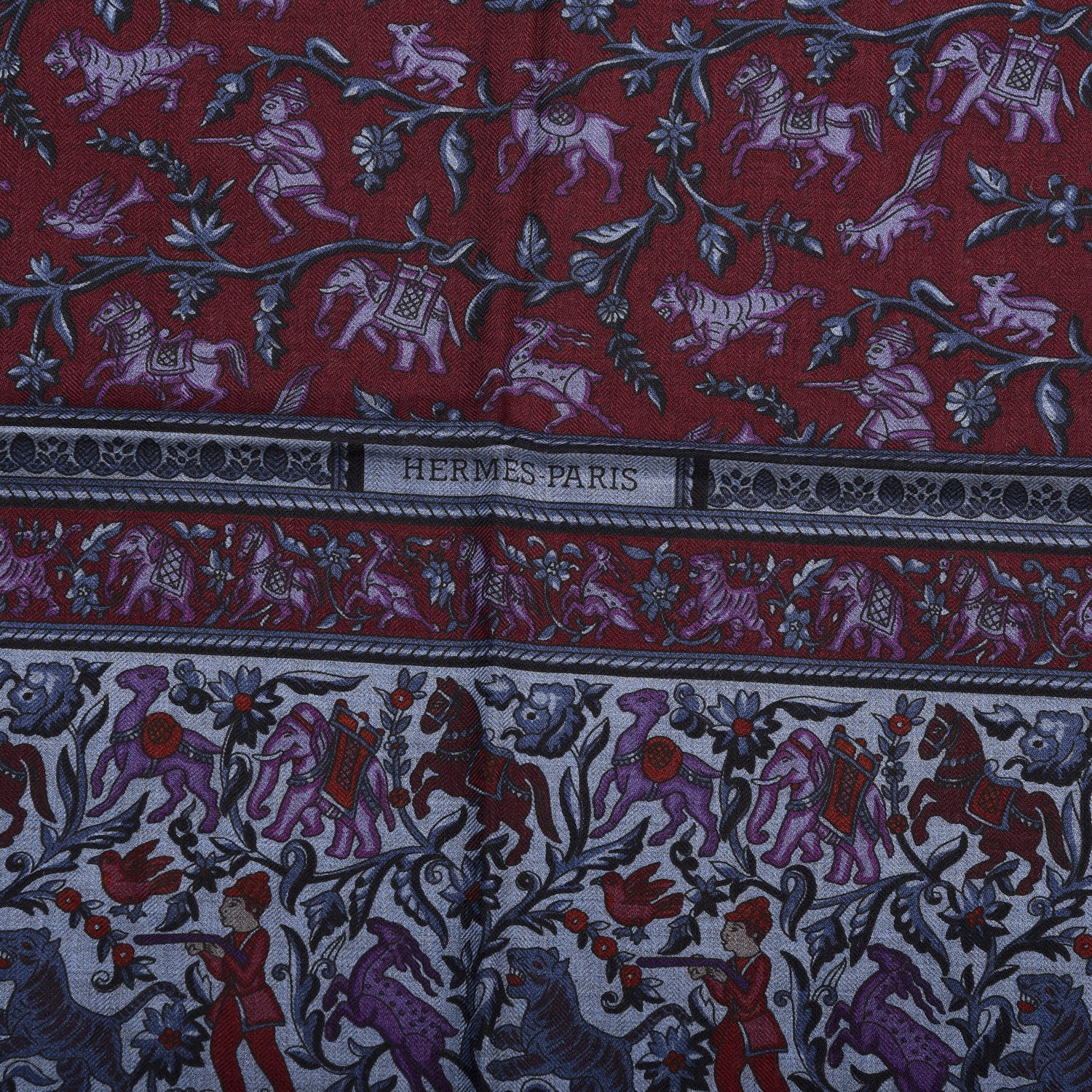Hermes Cashmere Silk Chasse En Inde Shawl 140 Bleu Chine Violet Blue Jean 2 of 3