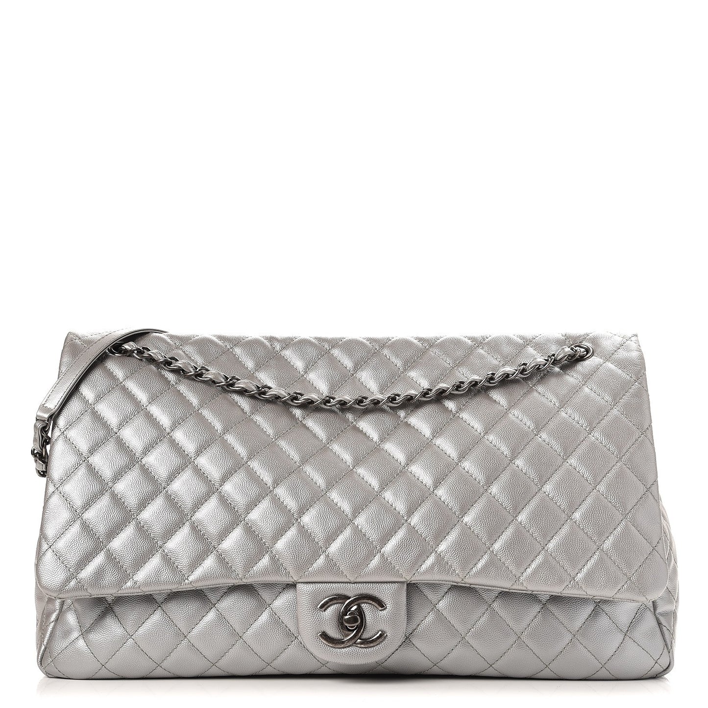 Metallic Caviar Quilted XXL Travel Flap Bag Silver