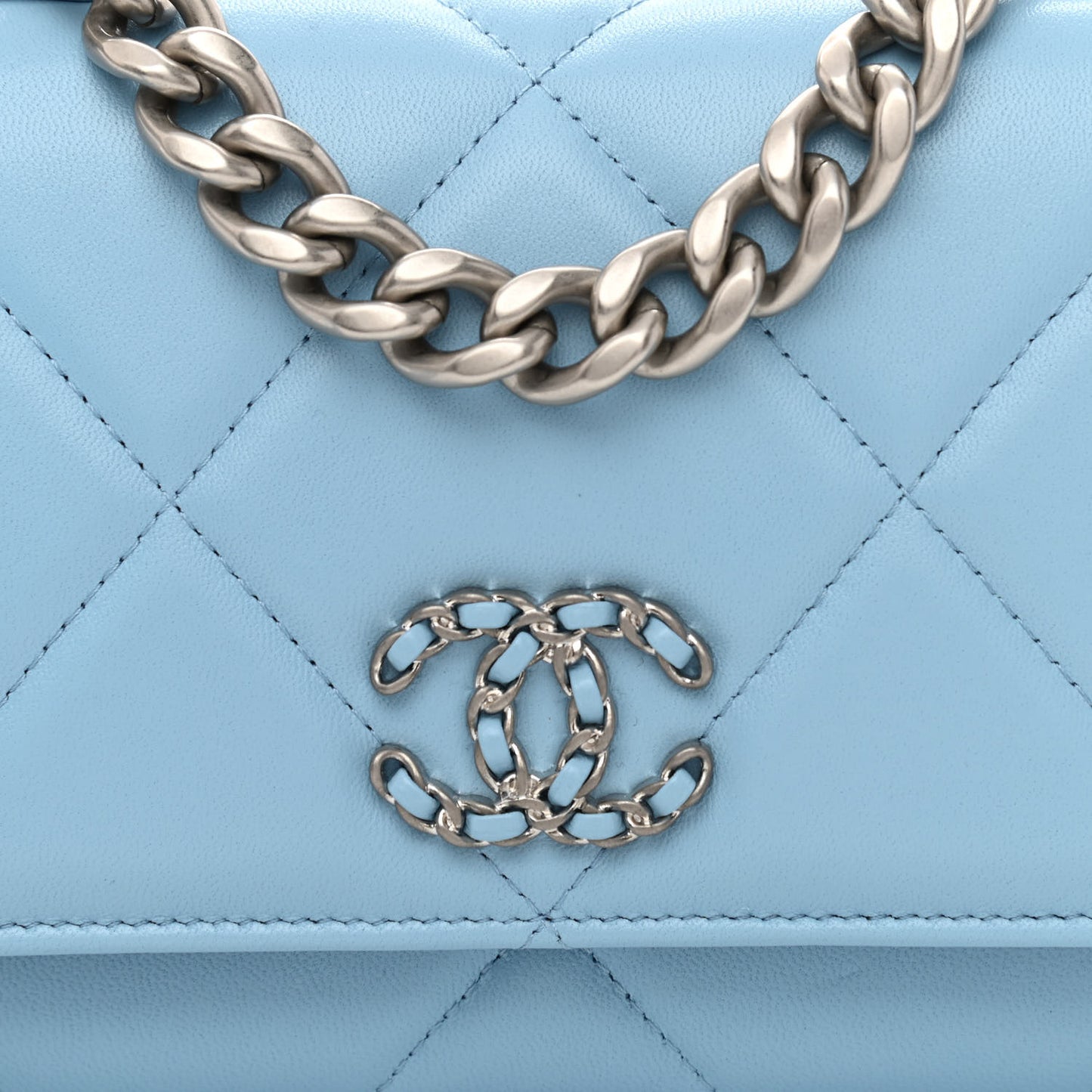 Lambskin Quilted Chanel 19 Wallet On Chain WOC Light Blue