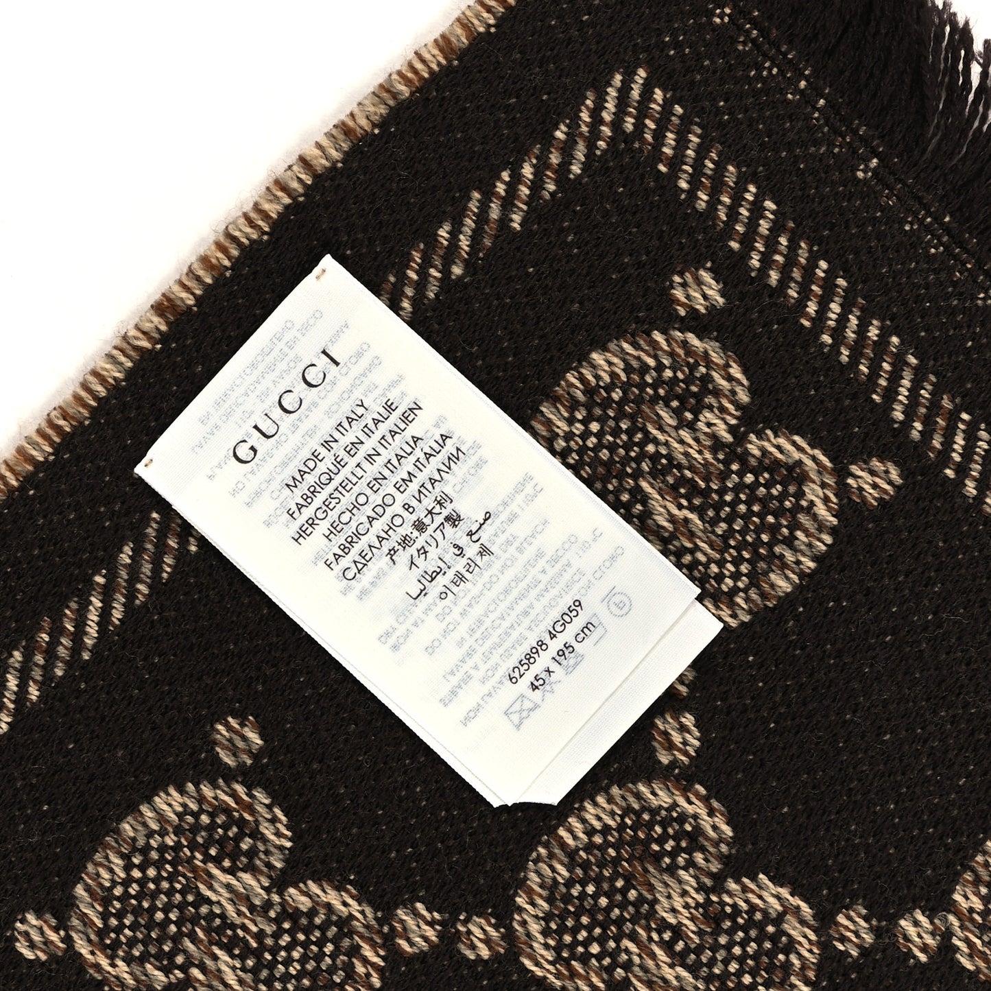 Wool Jacquard GG Monogram Sten Fringe Scarf Beige Dark Brown