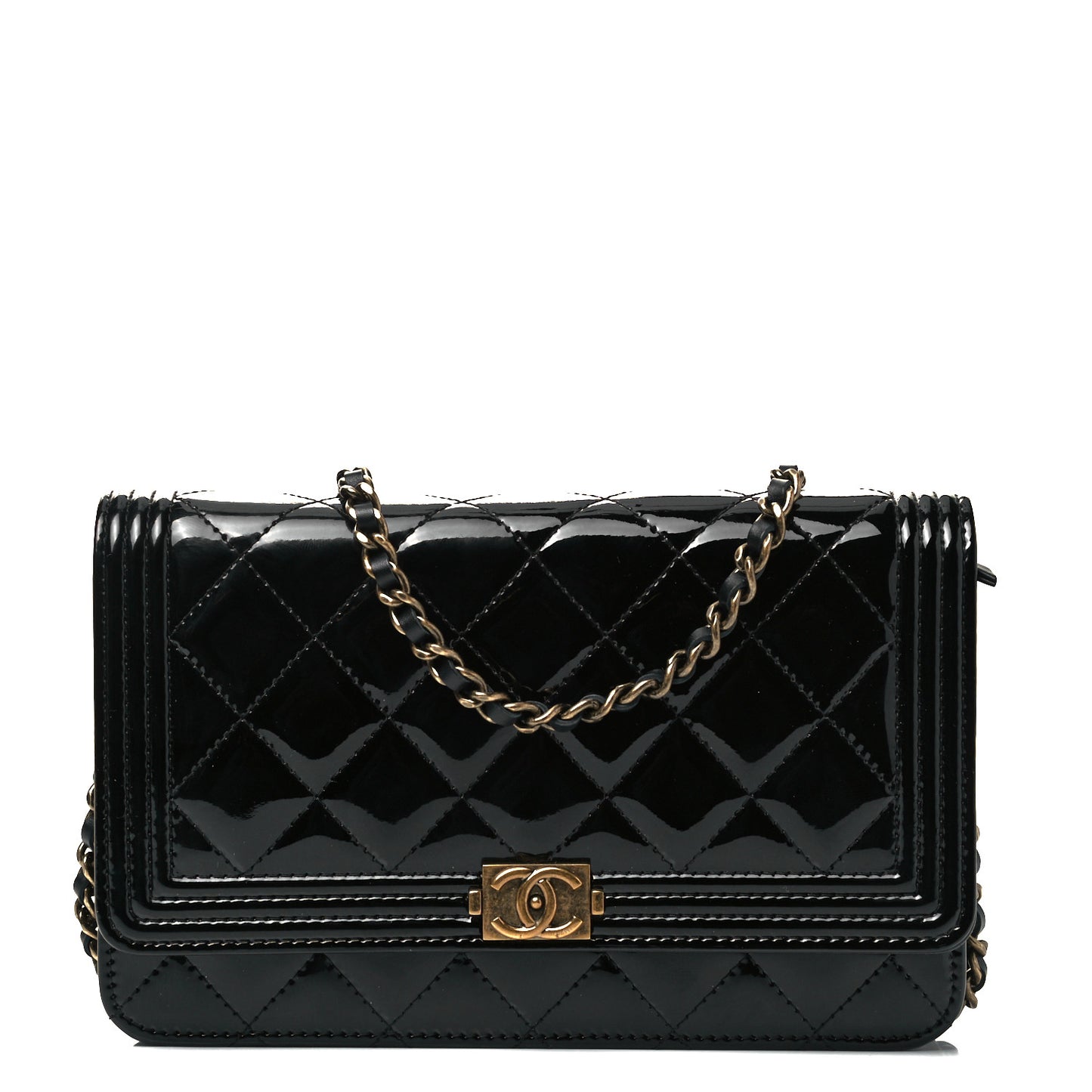 Patent Calfskin Quilted Boy Wallet On Chain WOC Black