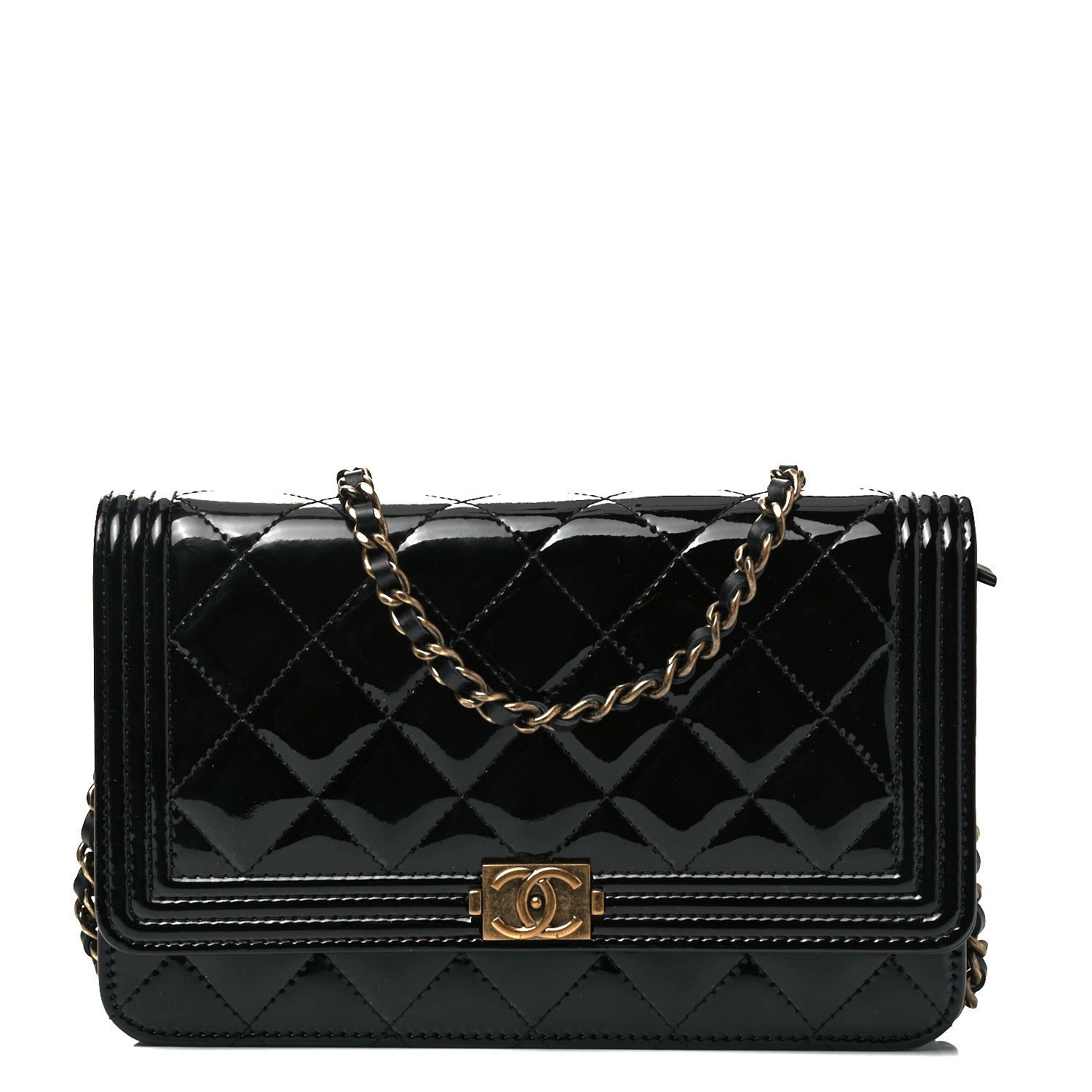 Chanel Patent Calfskin Quilted Boy Wallet On Chain WOC Black 1 of 9