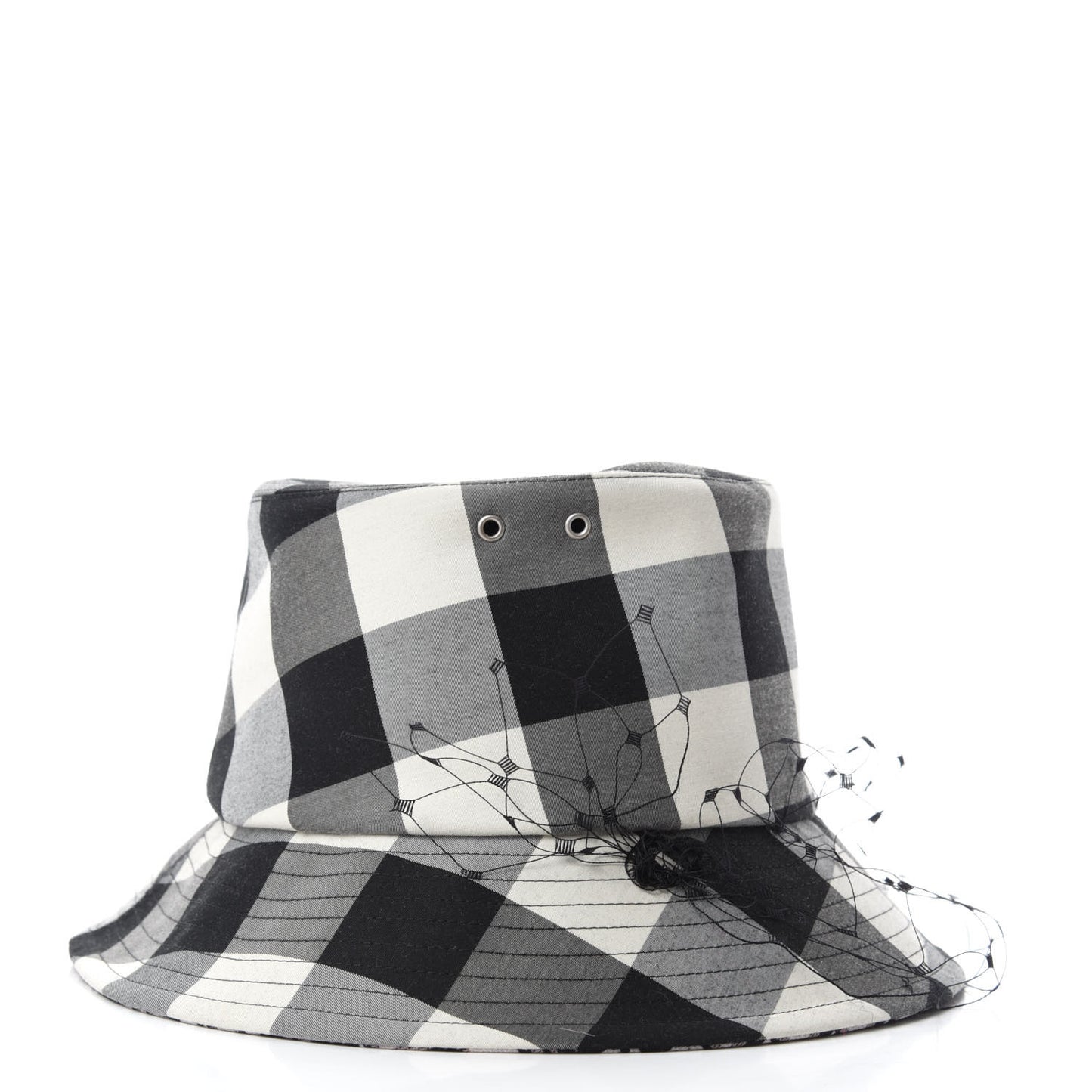 Cotton Large Brim Bucket Hat with Veil 56 Black White