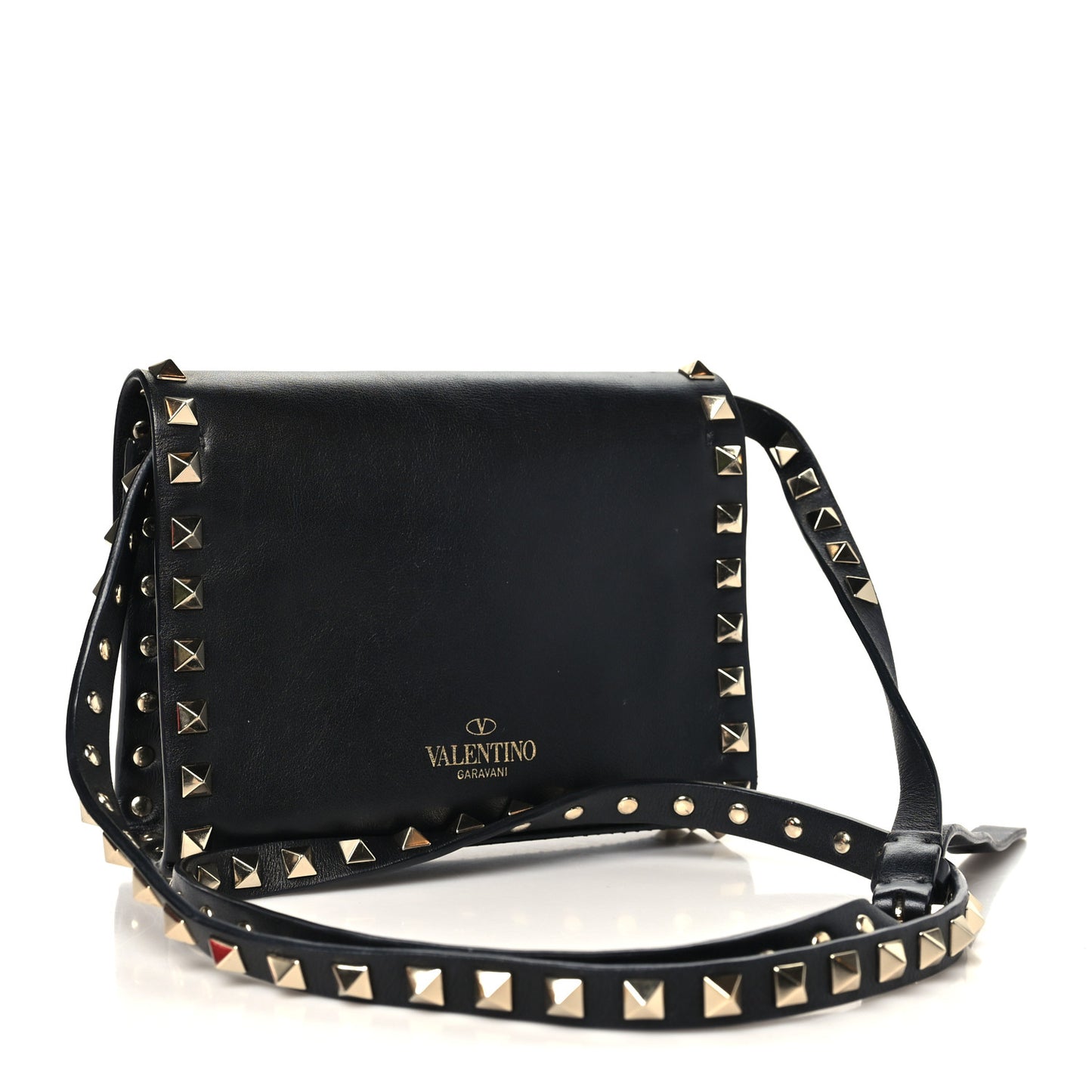 Pebbled Calfskin Rockstud Flip Lock Crossbody Bag Black