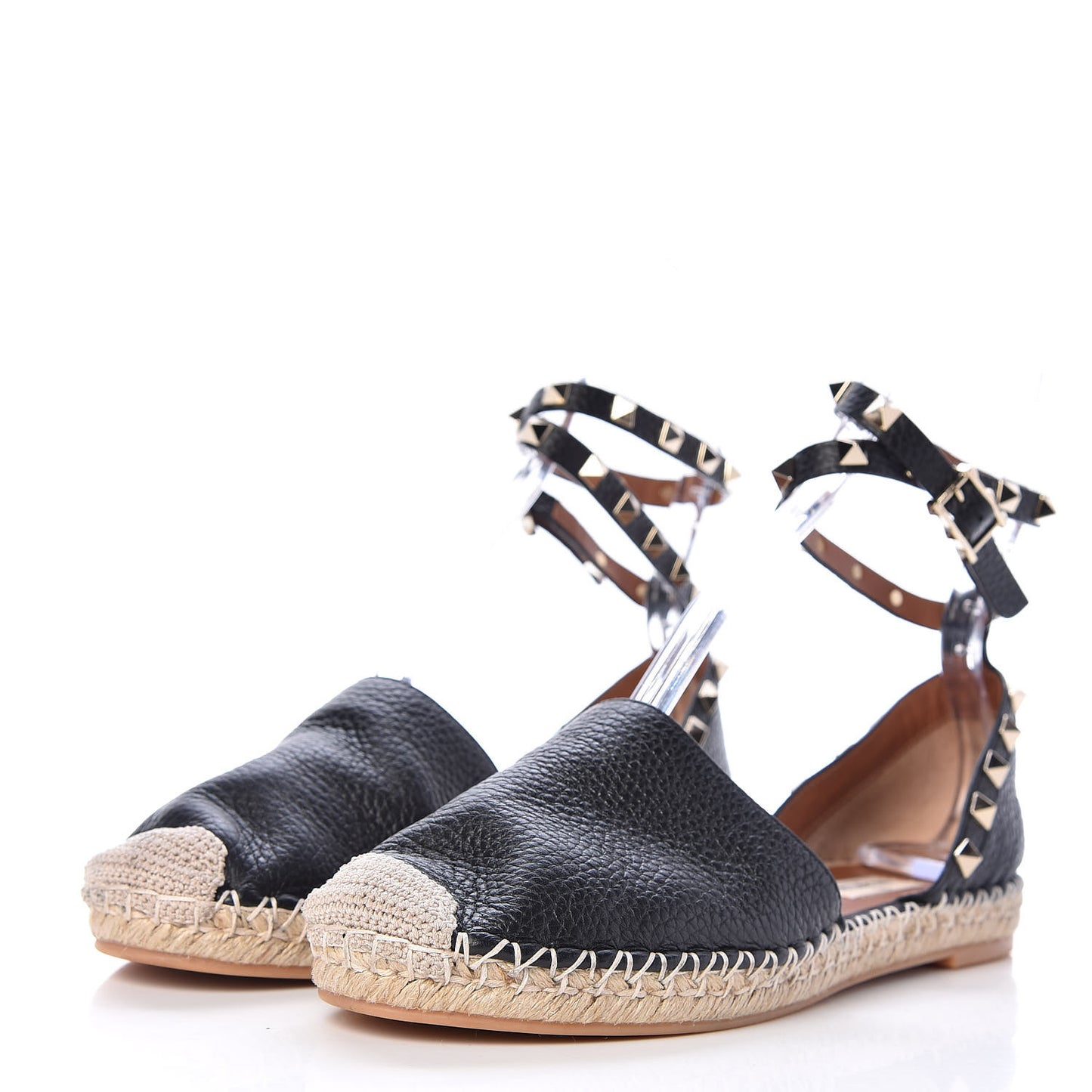 Grained Calfskin Rockstud Ankle Wrap Espadrille 20mm Flats 38 Black Light Cuir Natural