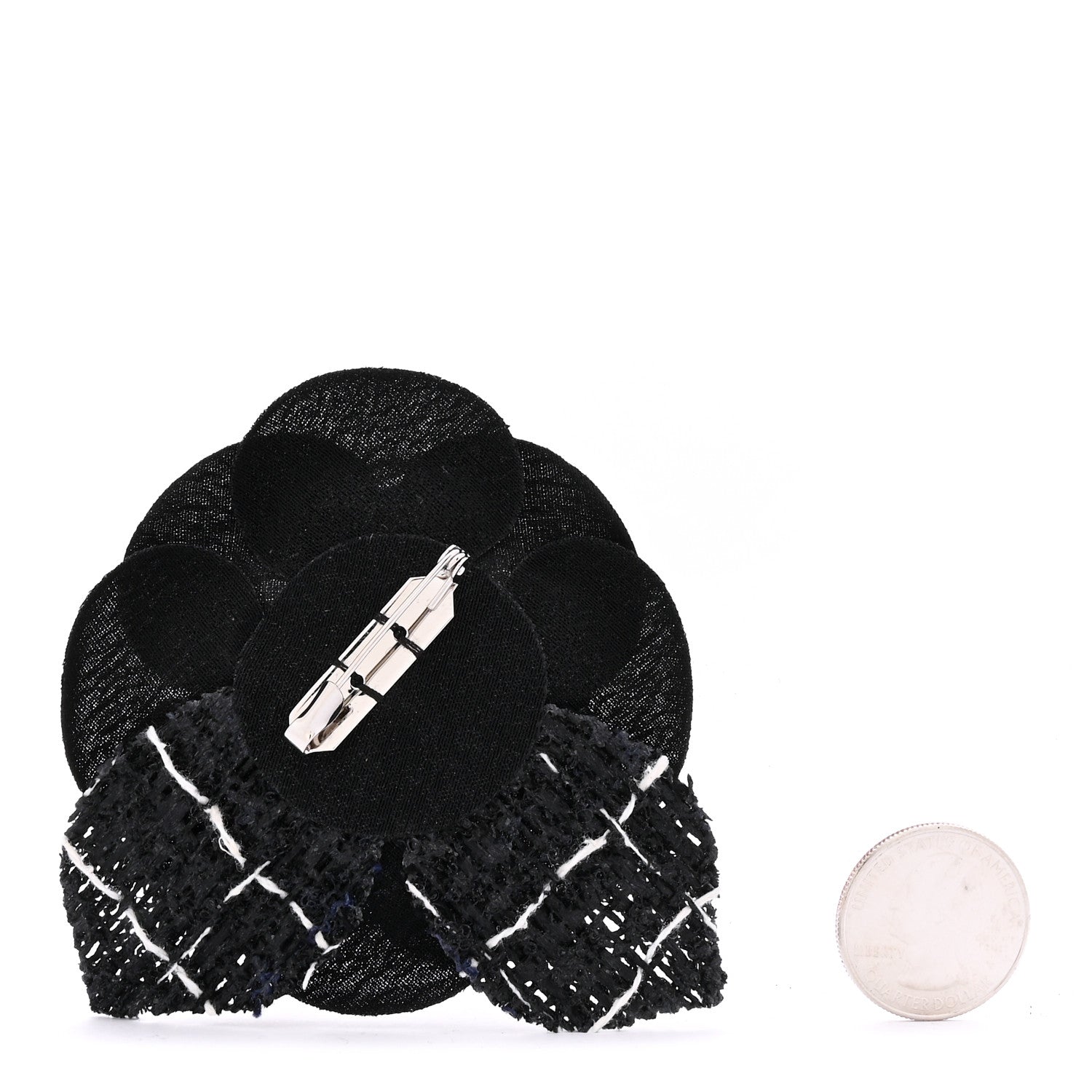Chanel Tweed Fabric Camellia Pin Brooch Black 2 of 3