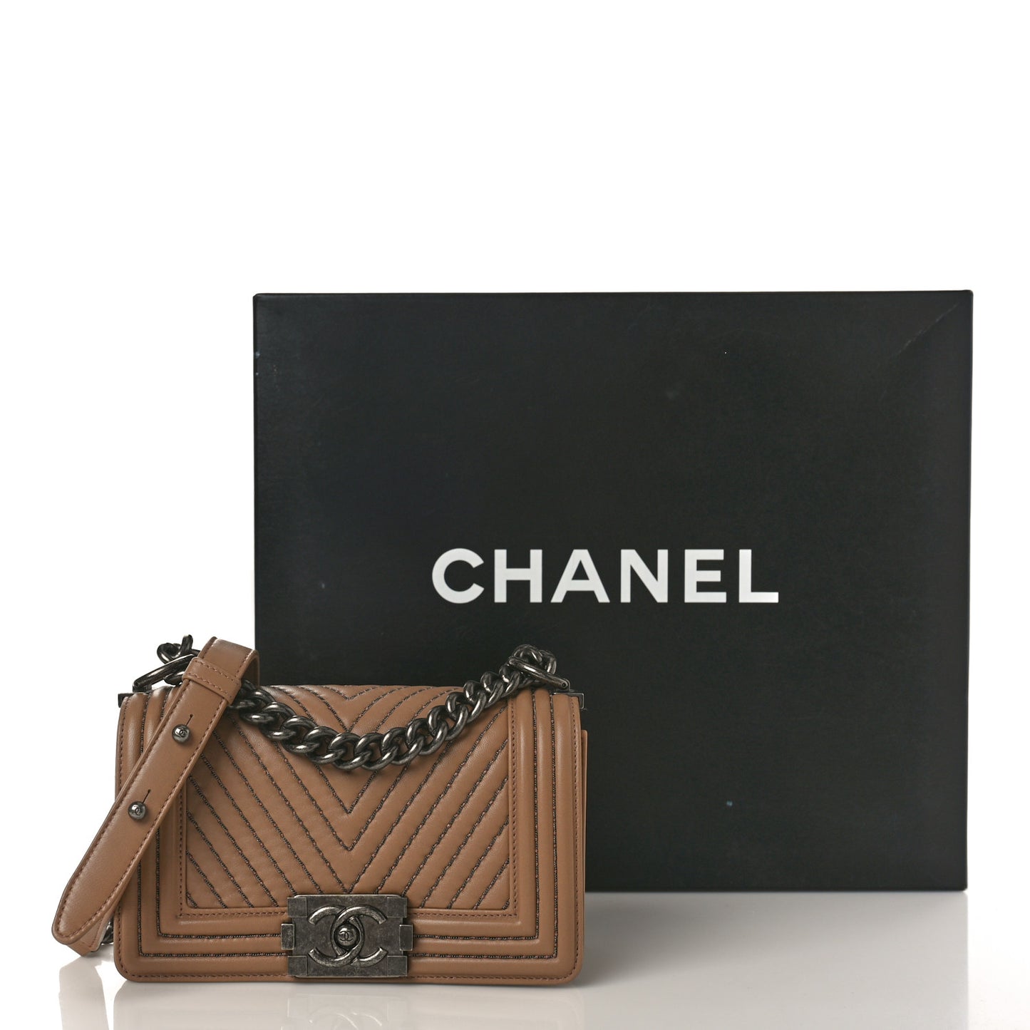 Calfskin Chain Chevron Small Boy Flap Dark Beige