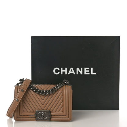Chanel Calfskin Chain Chevron Small Boy Flap Dark Beige 12 of 12