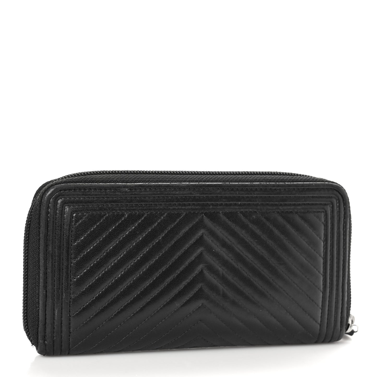 Calfskin Chevron Zip Around Boy Wallet Black