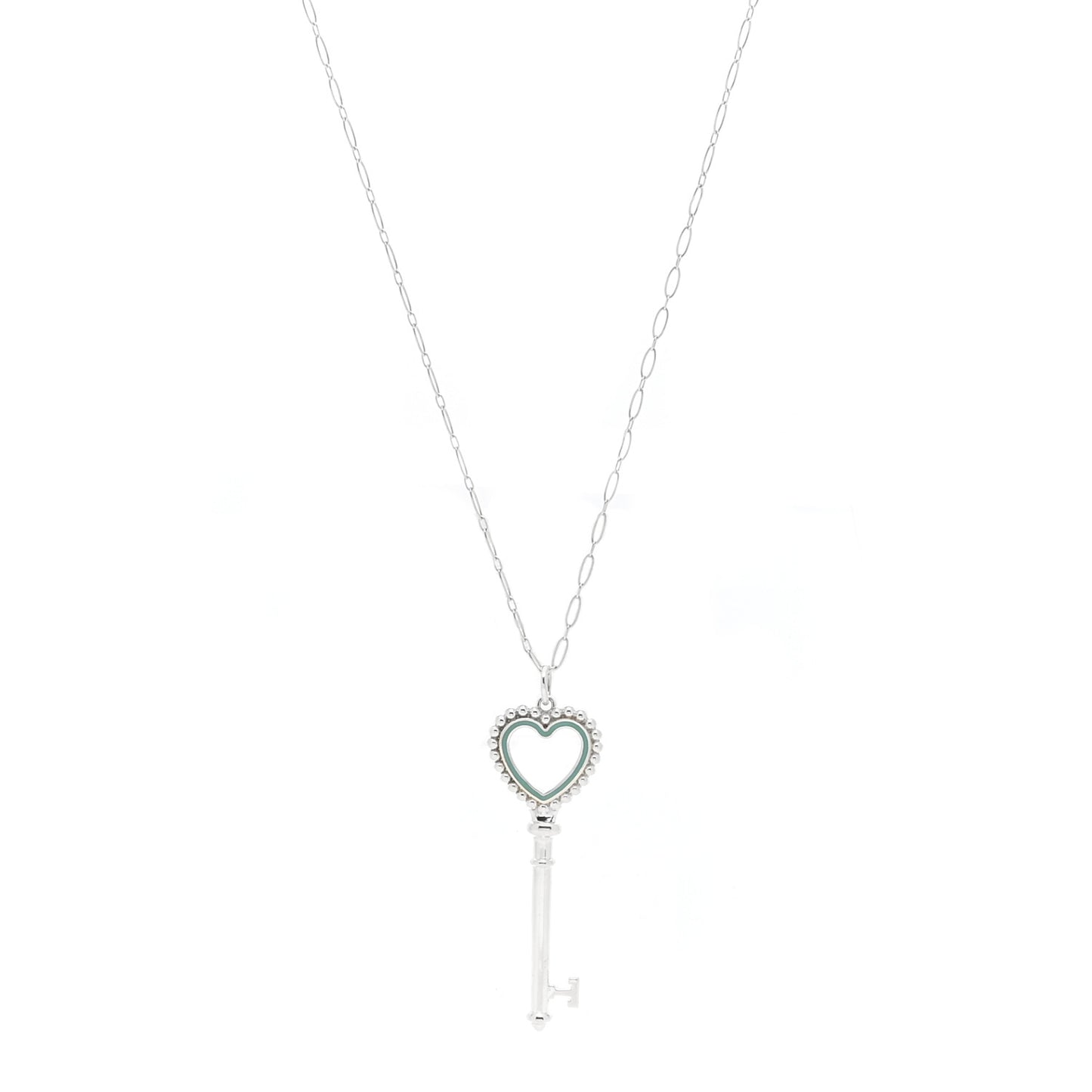Sterling Silver Enamel Beaded Heart Key Pendant Necklace Blue