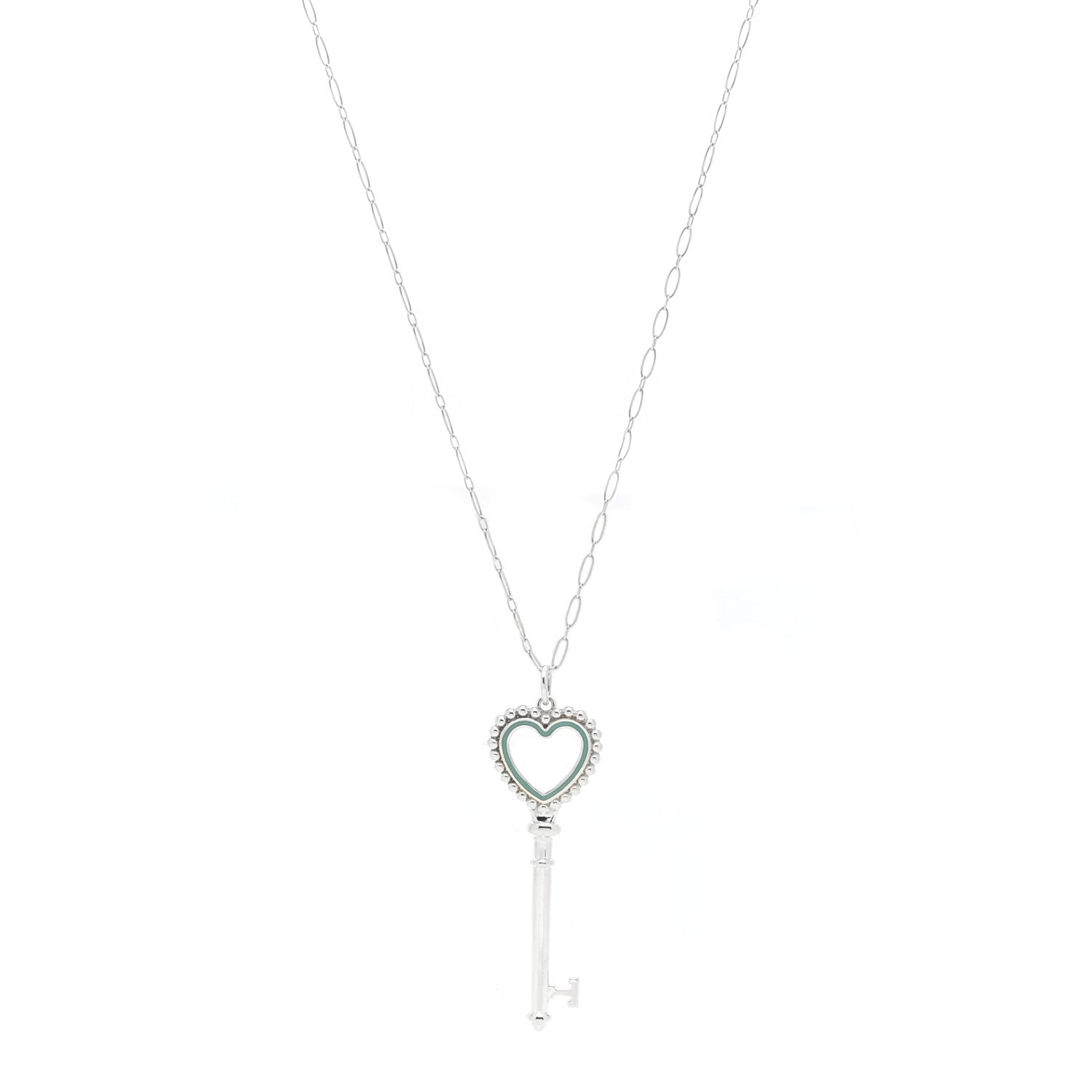 Tiffany Sterling Silver Enamel Beaded Heart Key Pendant Necklace Blue 1 of 5