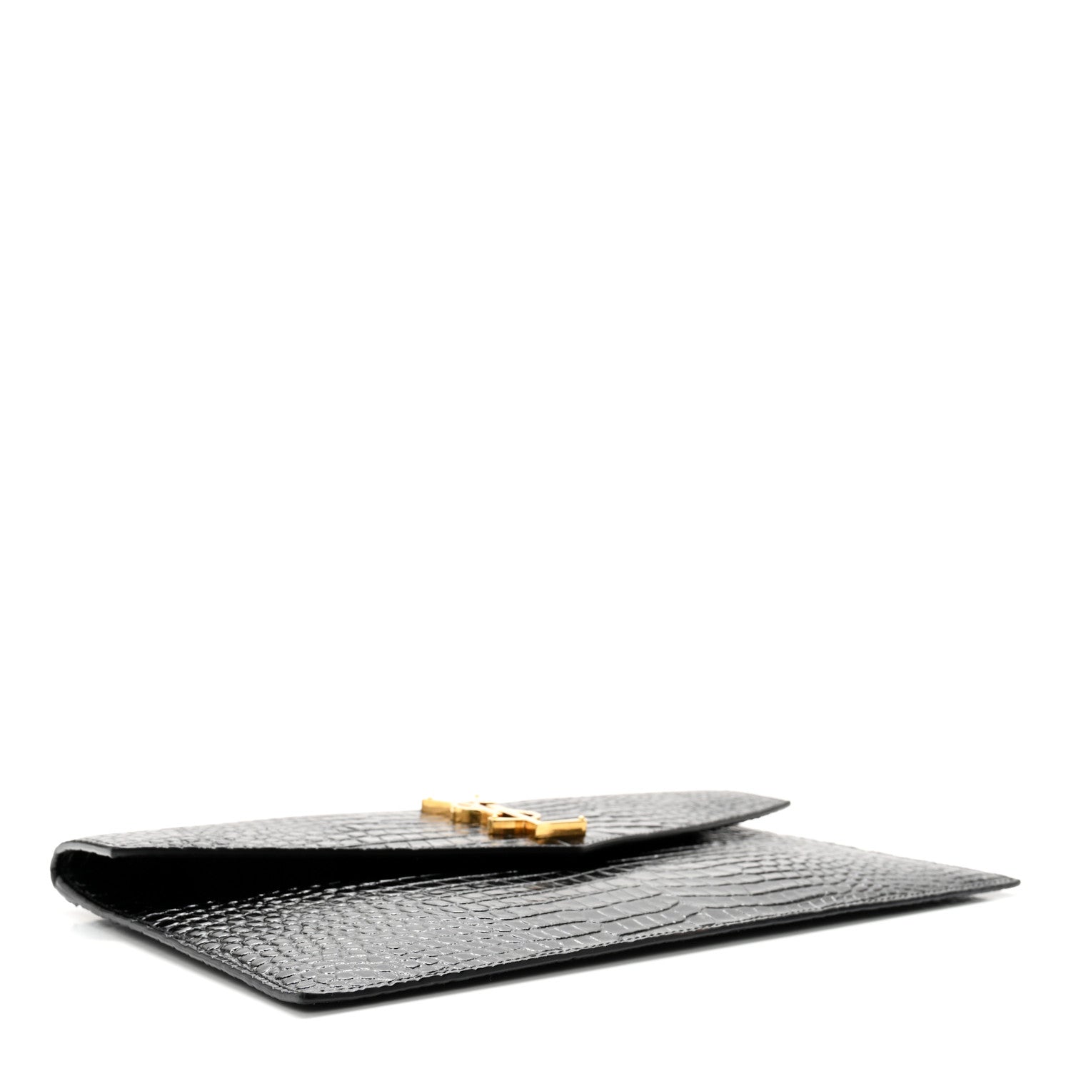 Saint Laurent Calfskin Crocodile Embossed Uptown Monogram Clutch Black 3 of 8