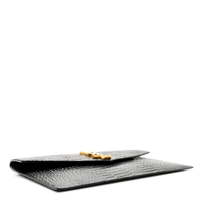 Saint Laurent Calfskin Crocodile Embossed Uptown Monogram Clutch Black 3 of 8