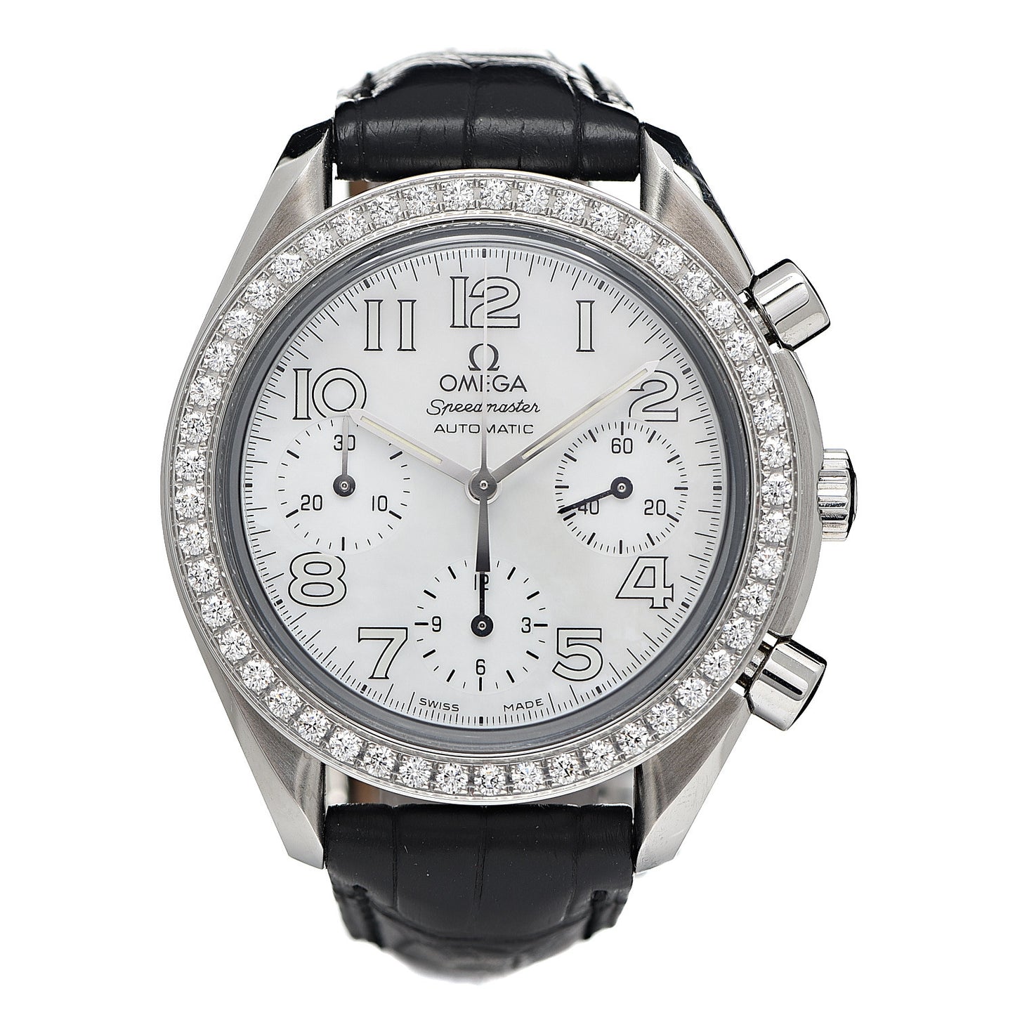 Stainless Steel Alligator Diamond Bezel Mother of Pearl 38mm Speedmaster Chronograph Automatic Watch 3835.70.36