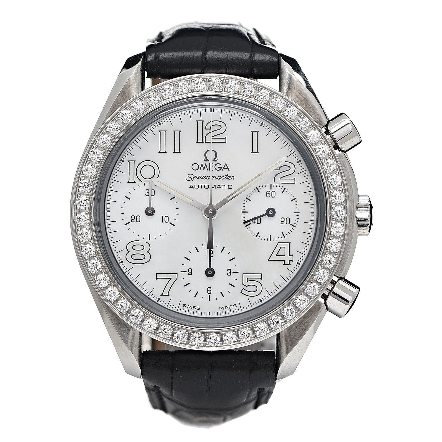 Omega Stainless Steel Alligator Diamond Bezel Mother of Pearl 38mm Speedmaster Chronograph Automatic Watch 3835.70.36 1 of 9