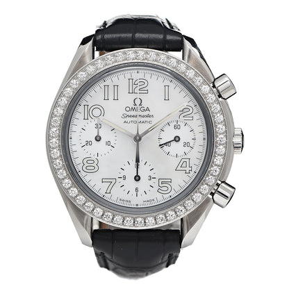 Omega Stainless Steel Alligator Diamond Bezel Mother of Pearl 38mm Speedmaster Chronograph Automatic Watch 3835.70.36 1 of 9