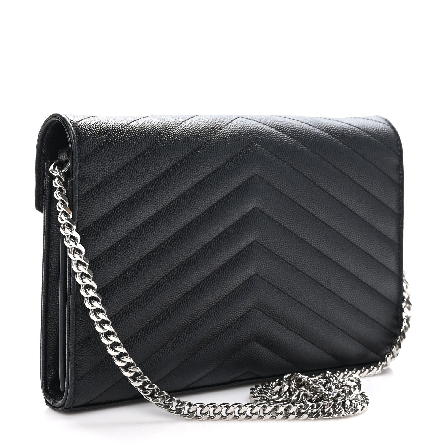 Saint Laurent Grain De Poudre Matelasse Chevron Monogram Chain Wallet Black 3 of 11