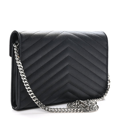 Saint Laurent Grain De Poudre Matelasse Chevron Monogram Chain Wallet Black 3 of 11