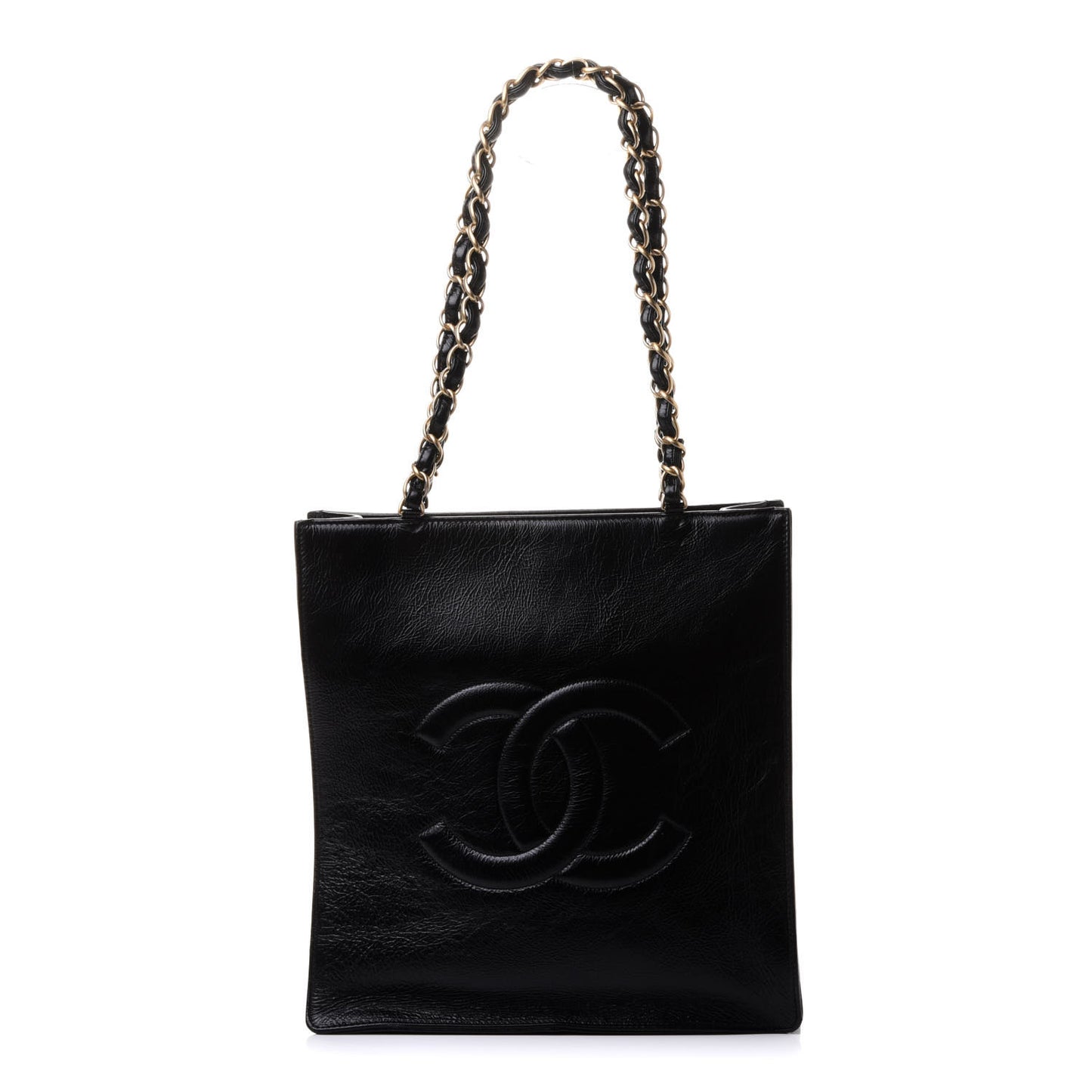 Shiny Aged Calfskin North South Shopping Bag Black