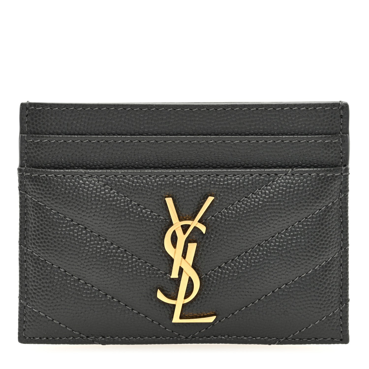 Saint Laurent Grain De Poudre Matelasse Chevron Monogram Credit Card Case Coal 1 of 6