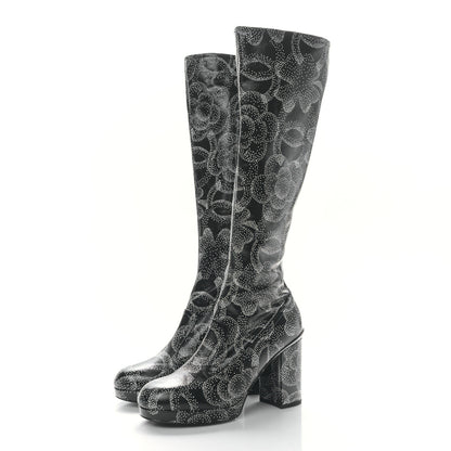 Chanel Calfskin Camellia Printed High Boots 40 Black White 3 of 8