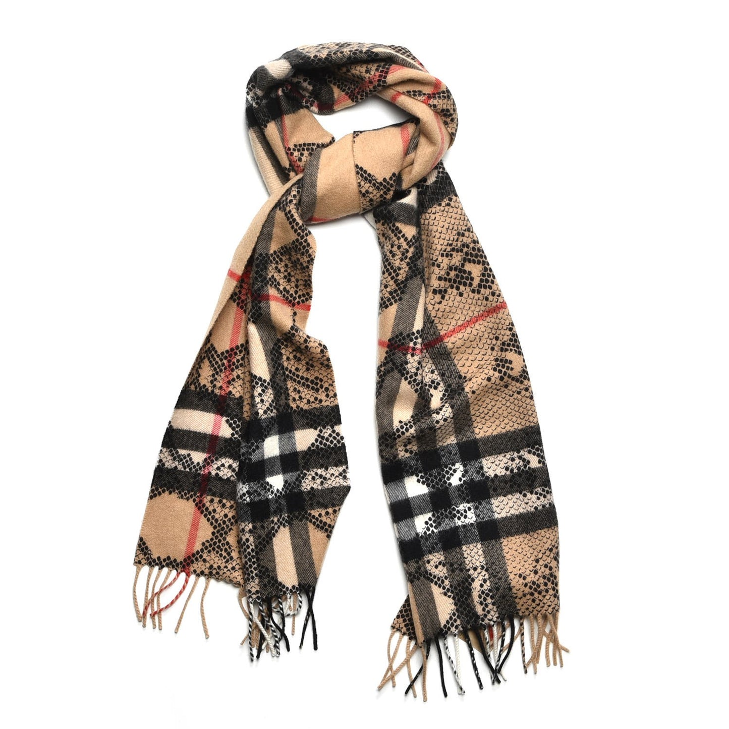 Cashmere Giant Python Check Fringe Scarf Camel