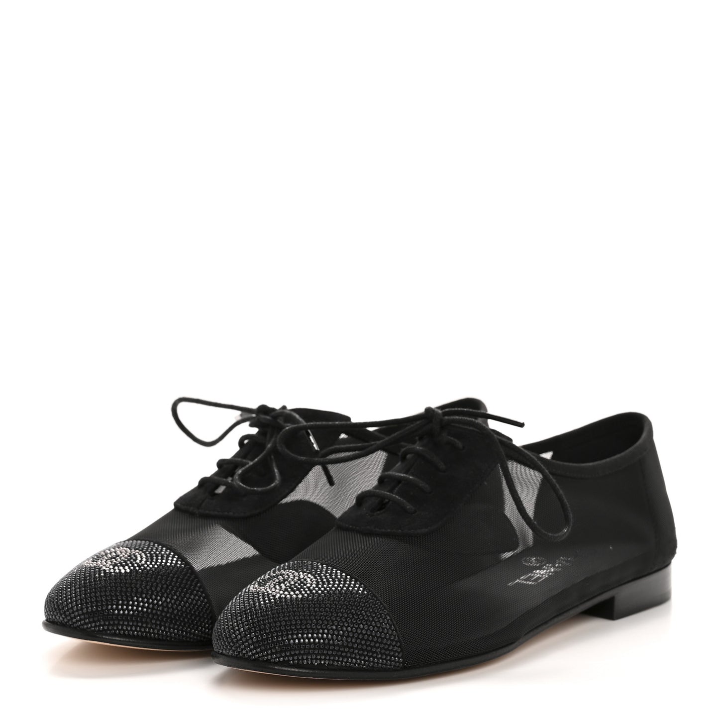 Calfskin Mesh Crystal Cap Toe CC Lace Up Oxford 35.5 Black