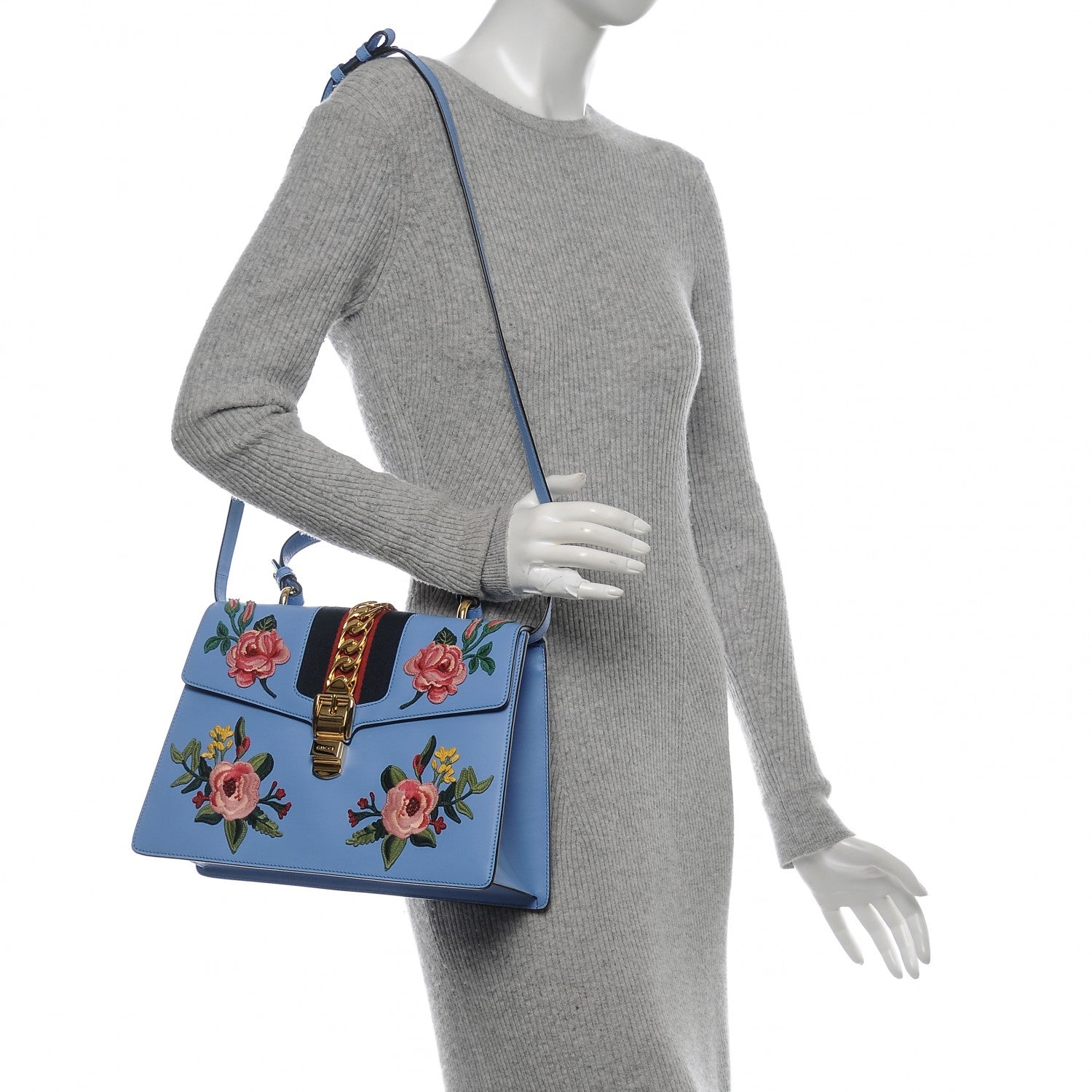 Gucci Calfskin Embroidered Medium Sylvie Top Handle Bag Clear Sky Blue 2 of 7