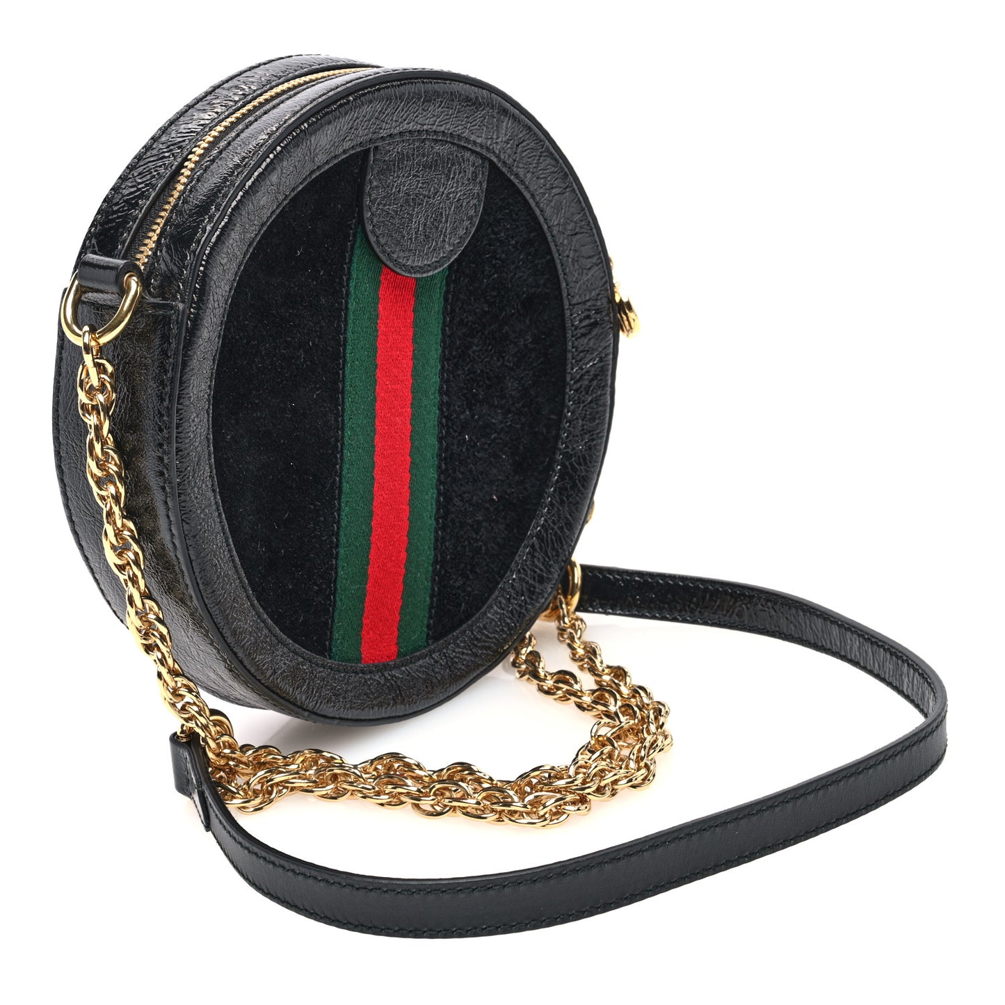 Suede Patent Web Mini Ophidia Round Shoulder Bag Black