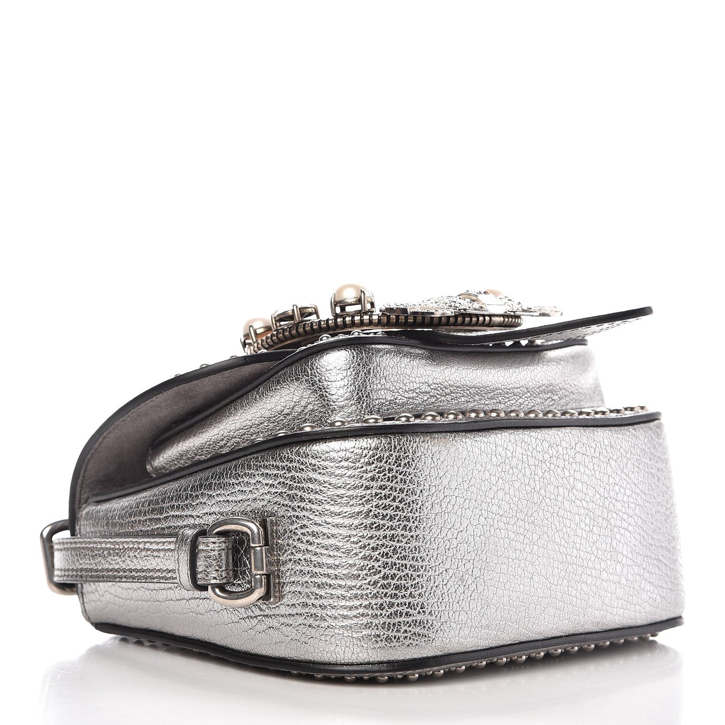 Metallic Goatskin Madras Stud Embellished Buckle Dahlia Shoulder Bag Chrome