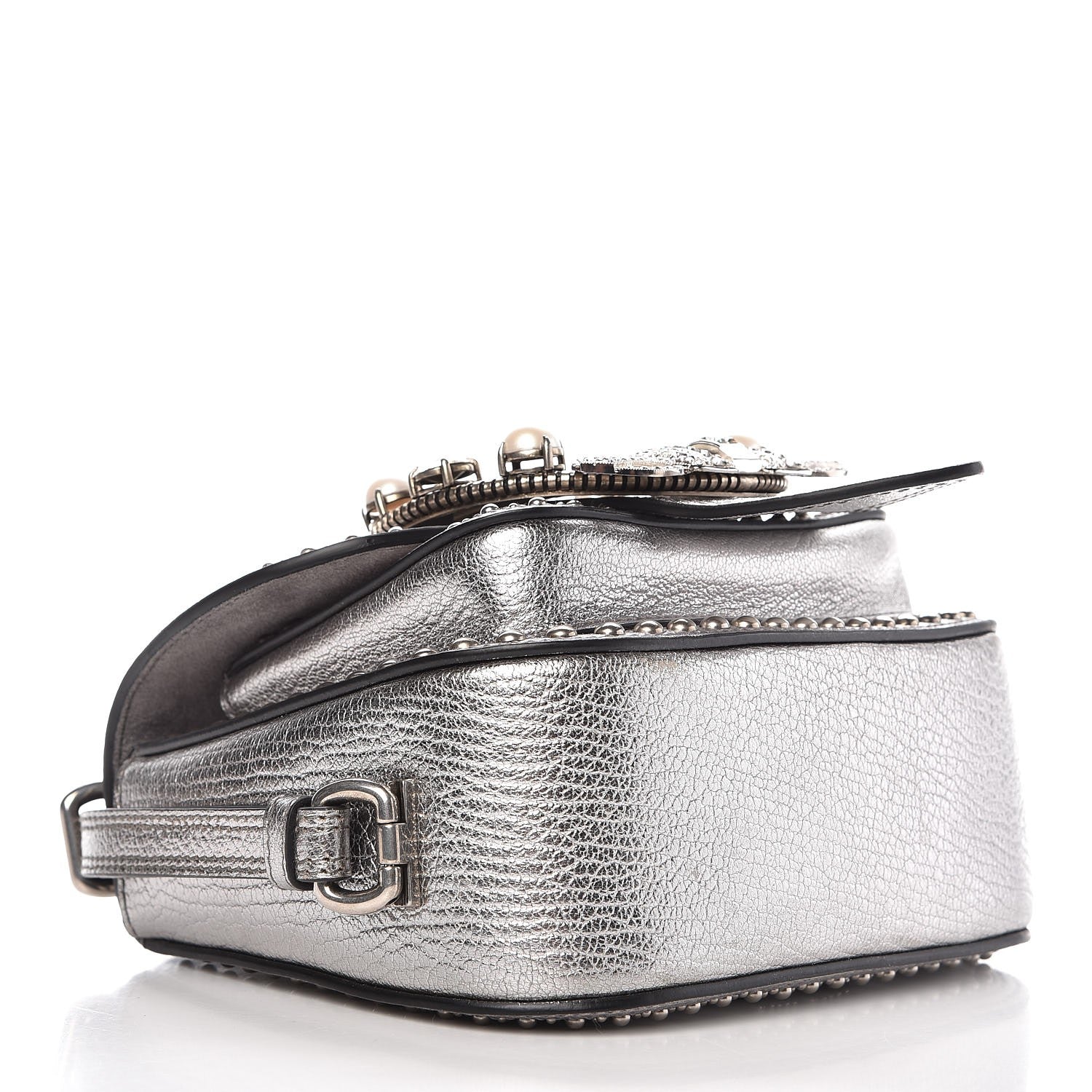 Miu Miu Metallic Goatskin Madras Stud Embellished Buckle Dahlia Shoulder Bag Chrome 4 of 8