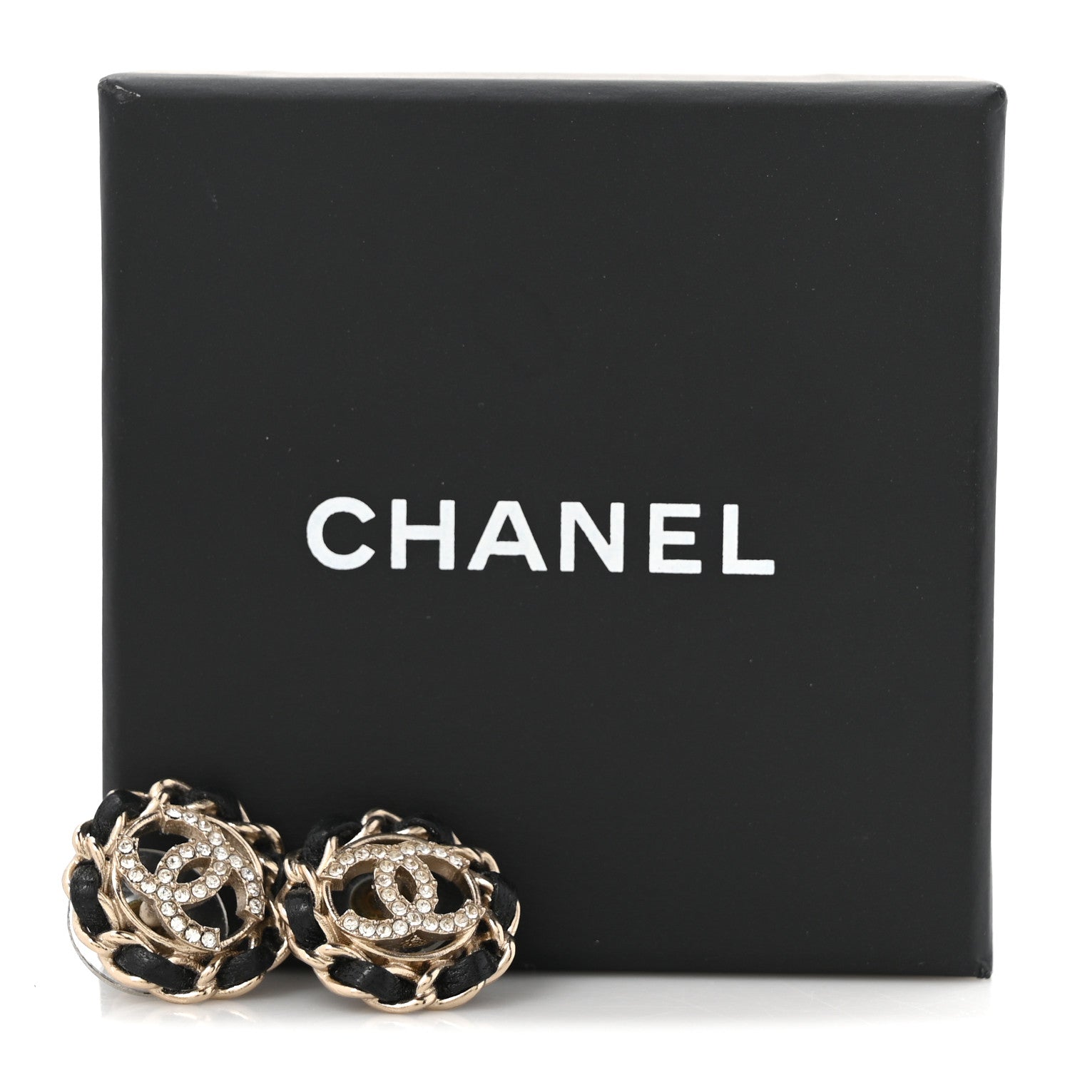 Chanel Crystal Lambskin Chain CC Stud Earrings Black Gold 5 of 5