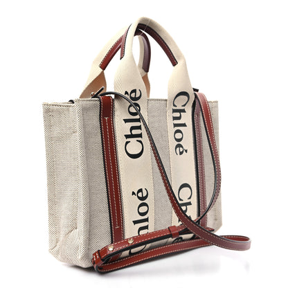 Chloe Cotton Calfskin Small Woody Ribbon Tote With Strap White Brown 3 of 11
