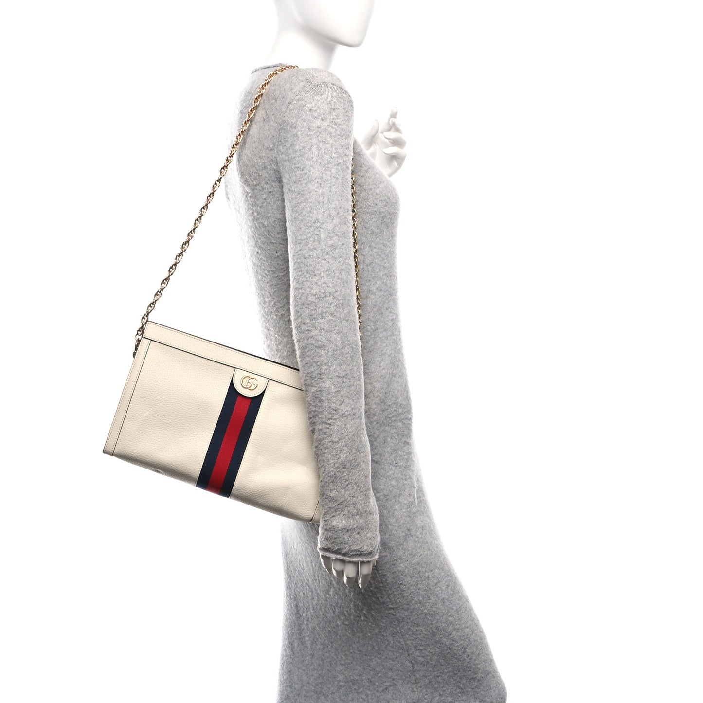 Textured Calfskin Web Small Ophidia Chain Shoulder Bag Mystic White