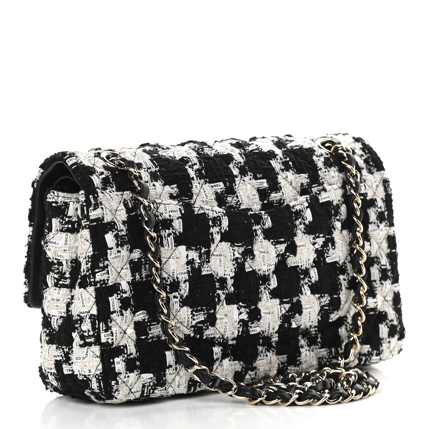 Tweed Quilted Medium Double Flap Black Ecru White