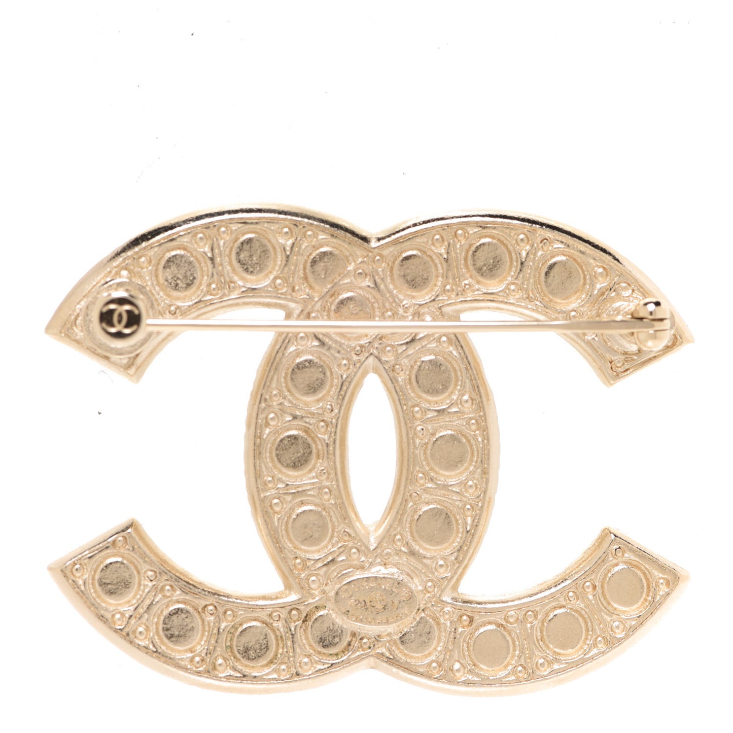 Metal Crystal Graduated Pearl CC Brooch Gold