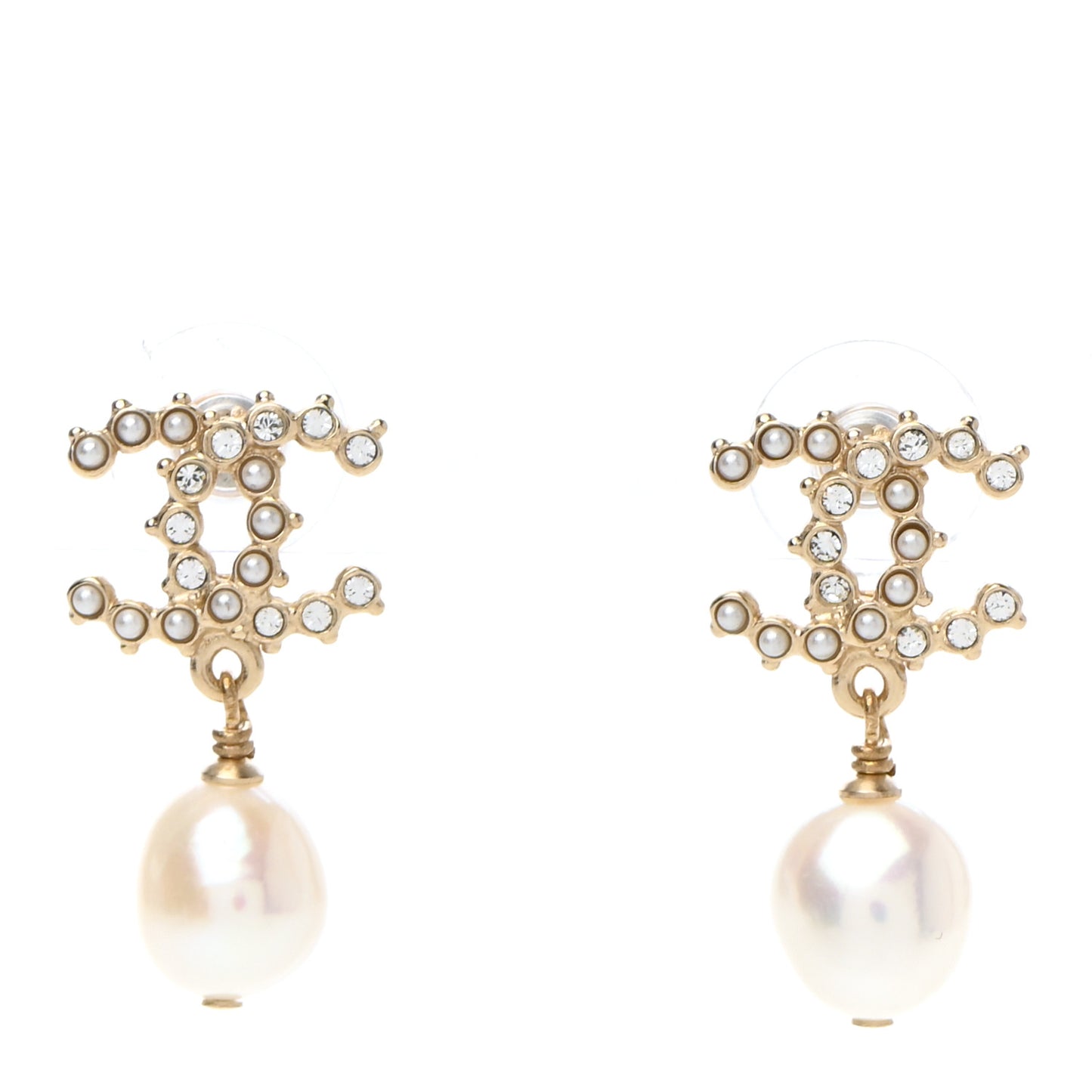 Pearl Crystal CC Drop Earrings Gold