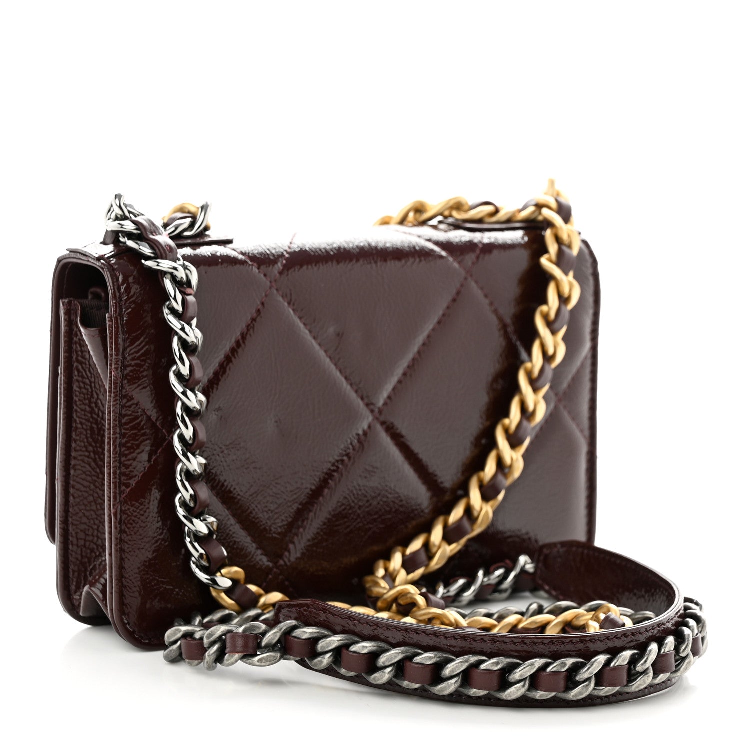 Chanel Shiny Crumpled Calfskin Quilted Chanel 19 Wallet On Chain WOC Burgundy 3 of 12