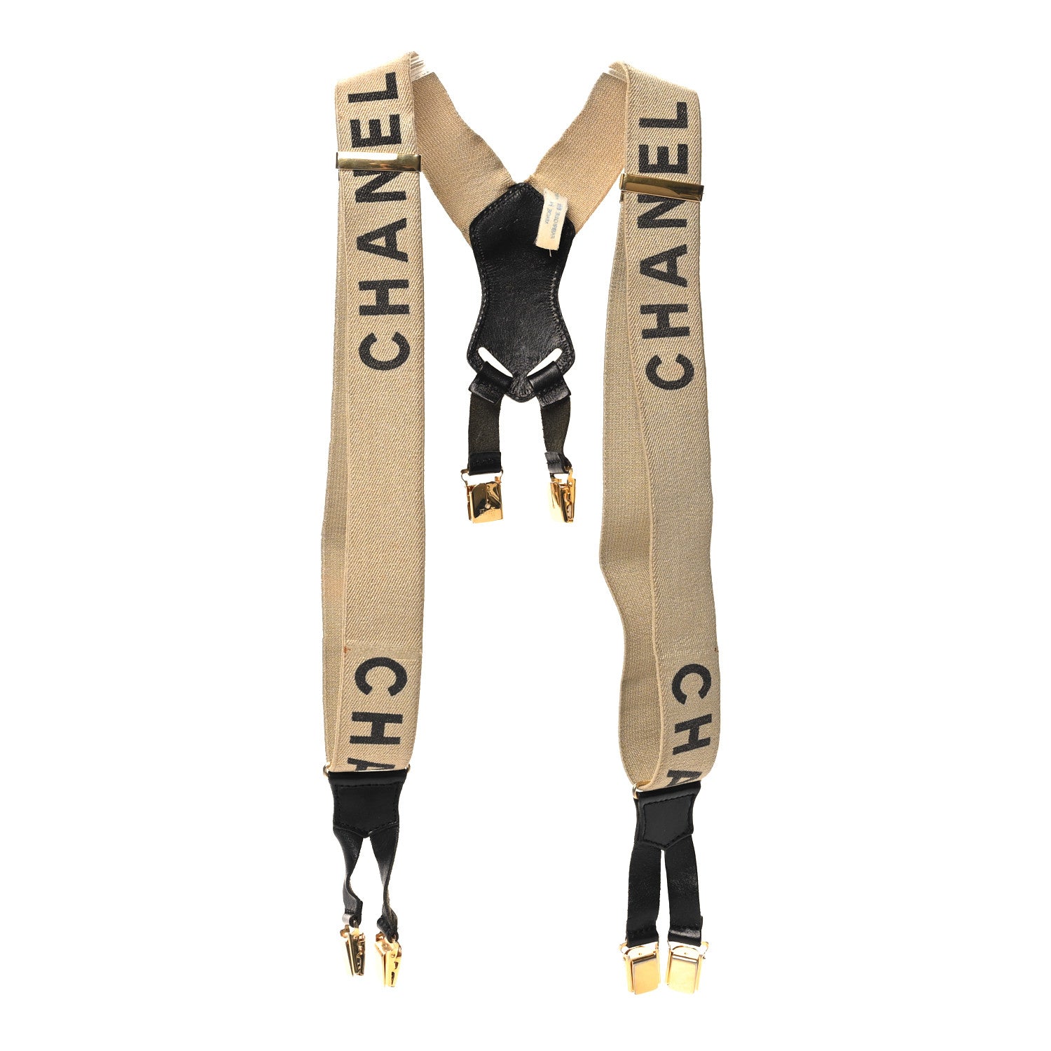 Chanel Elastic Logo Suspenders Beige Black 1 of 5