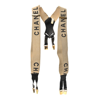 Chanel Elastic Logo Suspenders Beige Black 1 of 5