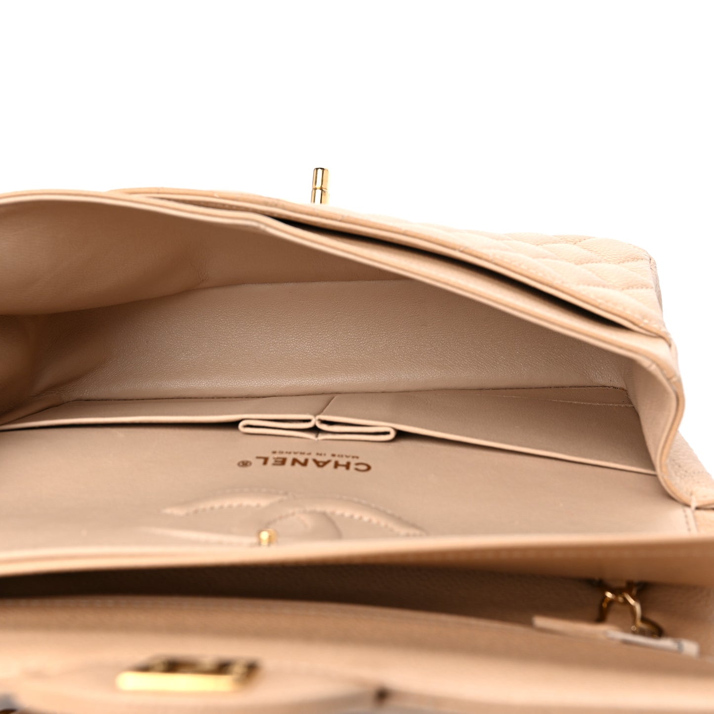 Caviar Quilted Medium Double Flap Beige