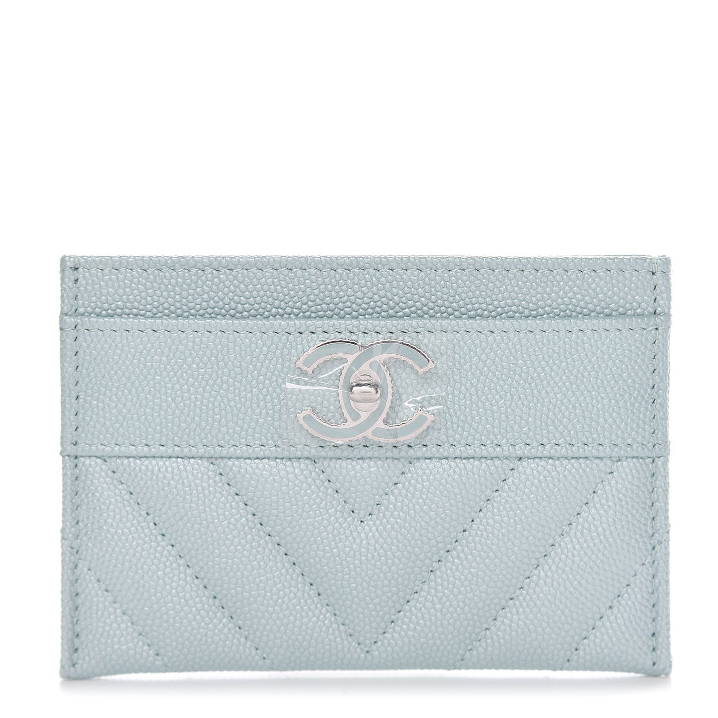 Metallic Caviar Chevron Quilted Vintage Mademoiselle Card Holder Light Blue