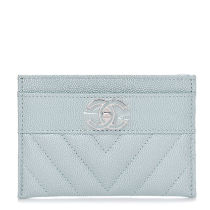 Chanel Metallic Caviar Chevron Quilted Vintage Mademoiselle Card Holder Light Blue 1 of 9