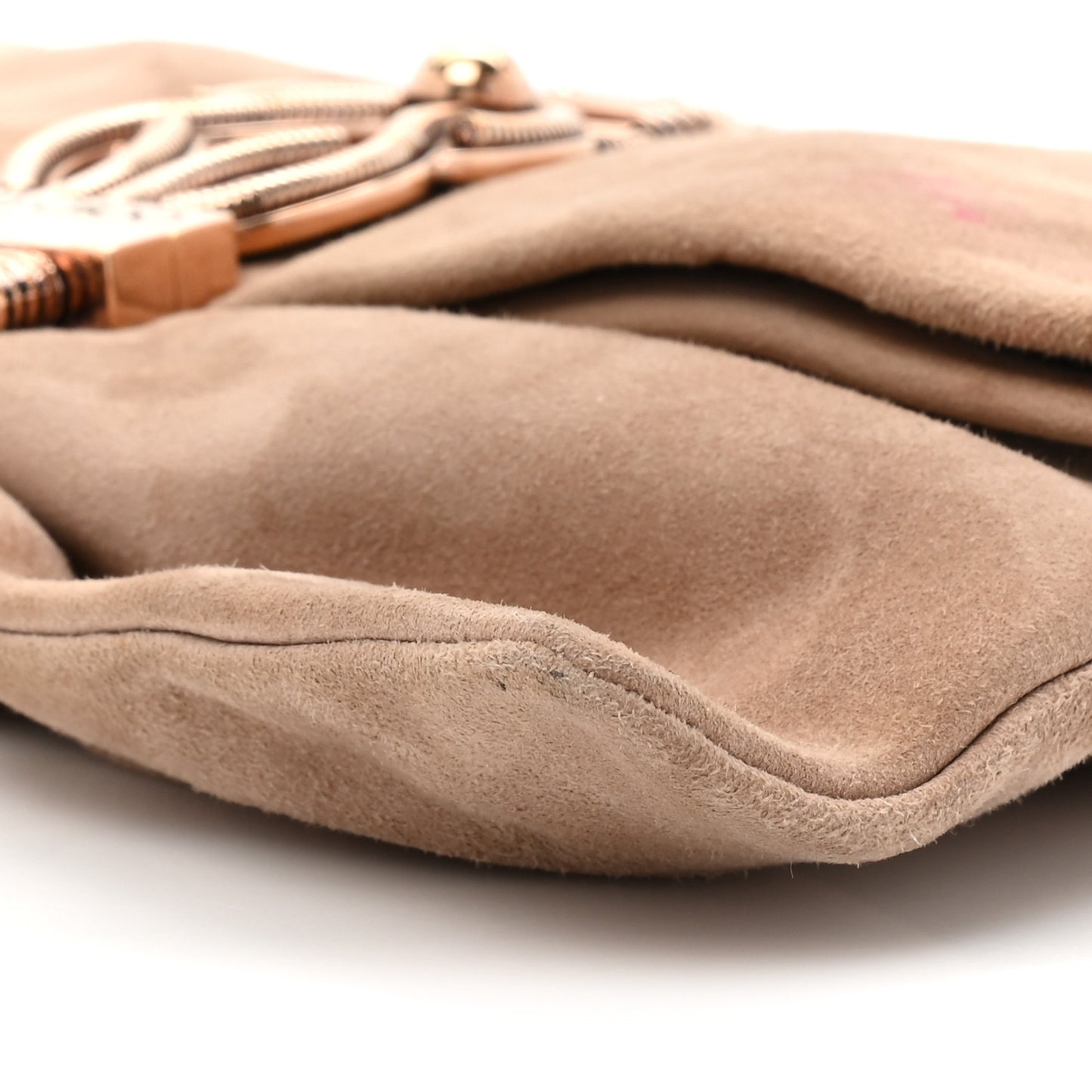 Suede Crystal Chandra Chain Clutch Beige