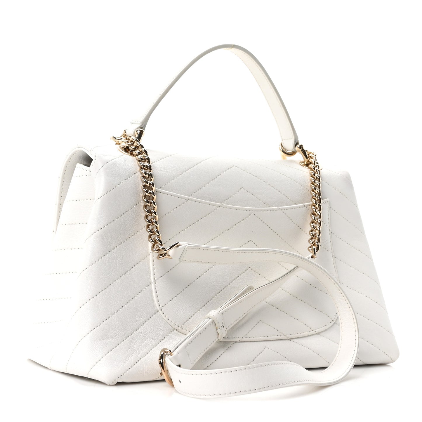 Grained Calfskin Stitched Medium Chevron Chic Top Handle Flap White