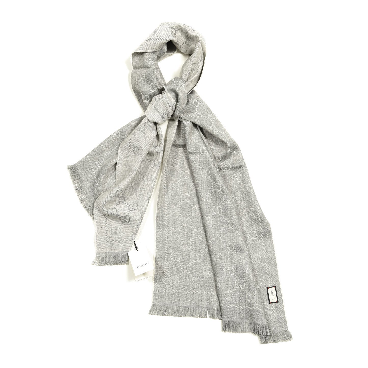 Wool Jacquard GG Monogram Sten Fringe Scarf Zinc Light Grey