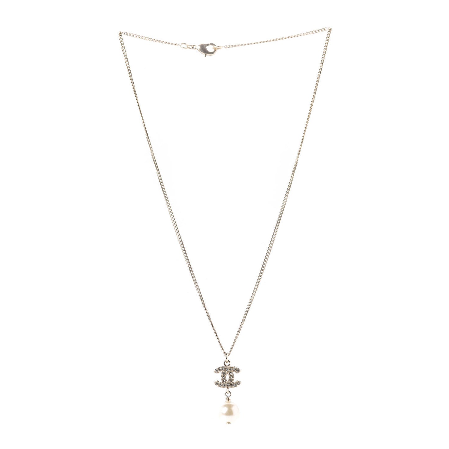 Crystal Pearl CC Drop Necklace Gold