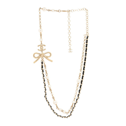 Chanel Calfskin Pearl Metal CC Bow Necklace Gold White Black 2 of 3