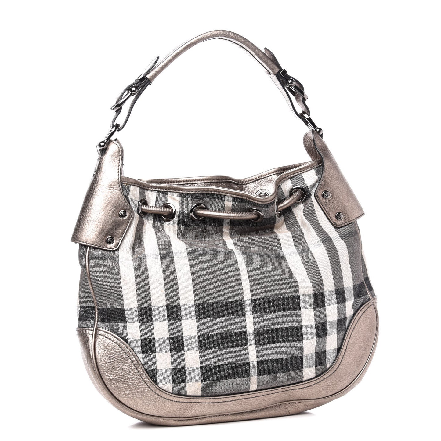 Metallic Calfskin House Check Hobo Pewter