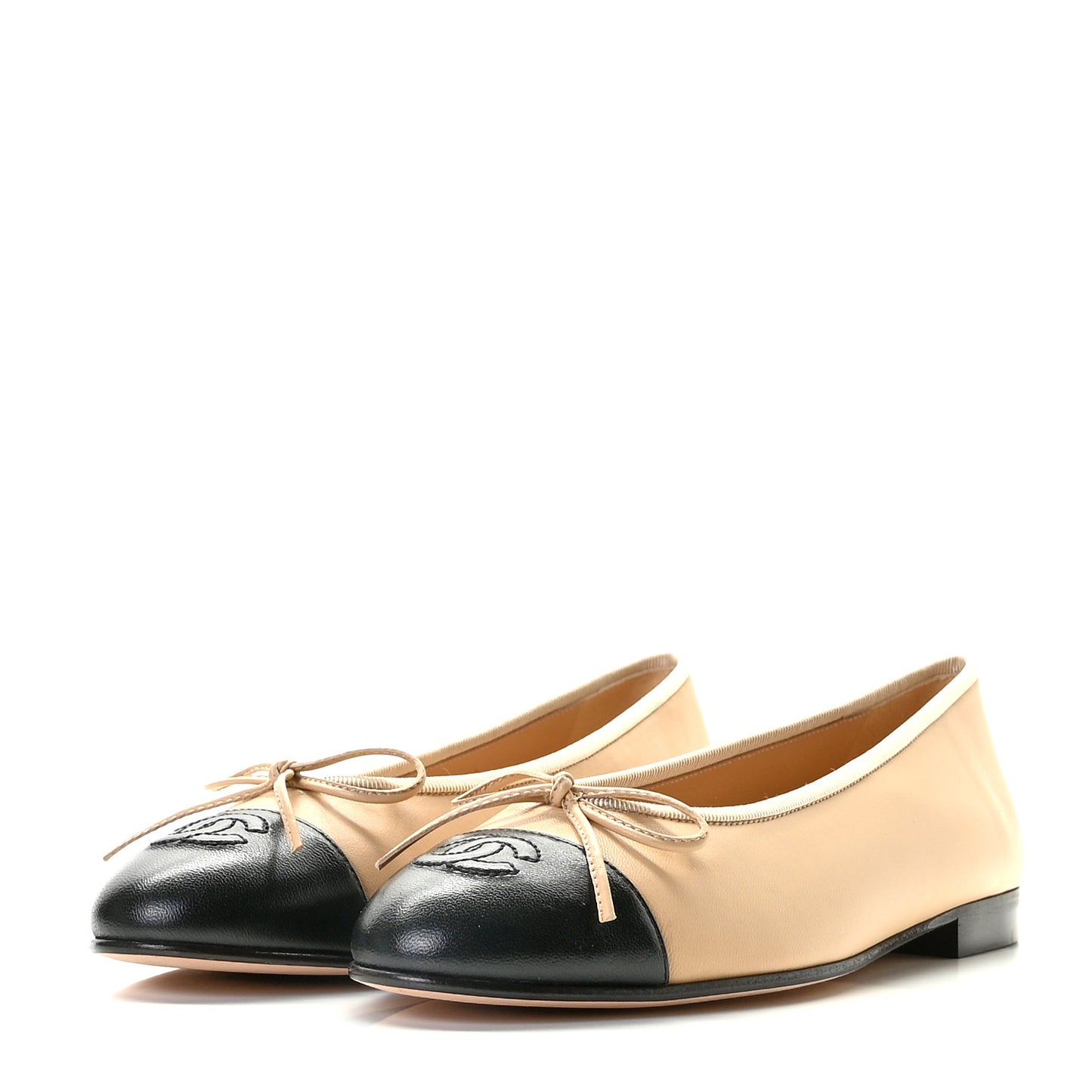 Lambskin Cap Toe Ballerina Flats 38 Beige Black